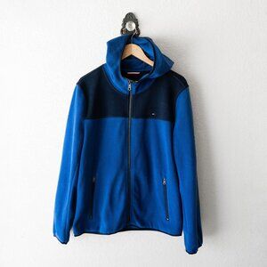Tommy Hilfiger Men Sz Medium Blue Black Colorblock Fleece Full Zip Hooded Jacket